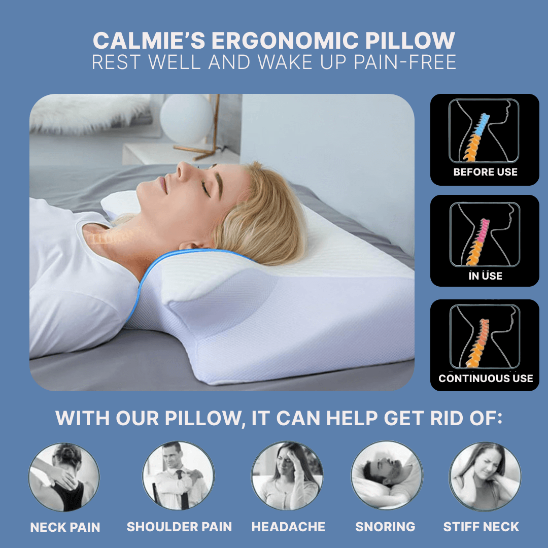 Advertisement for Calmie's Ergonomic Pillow showing a person using it, with before, during, and after effects on a spine.