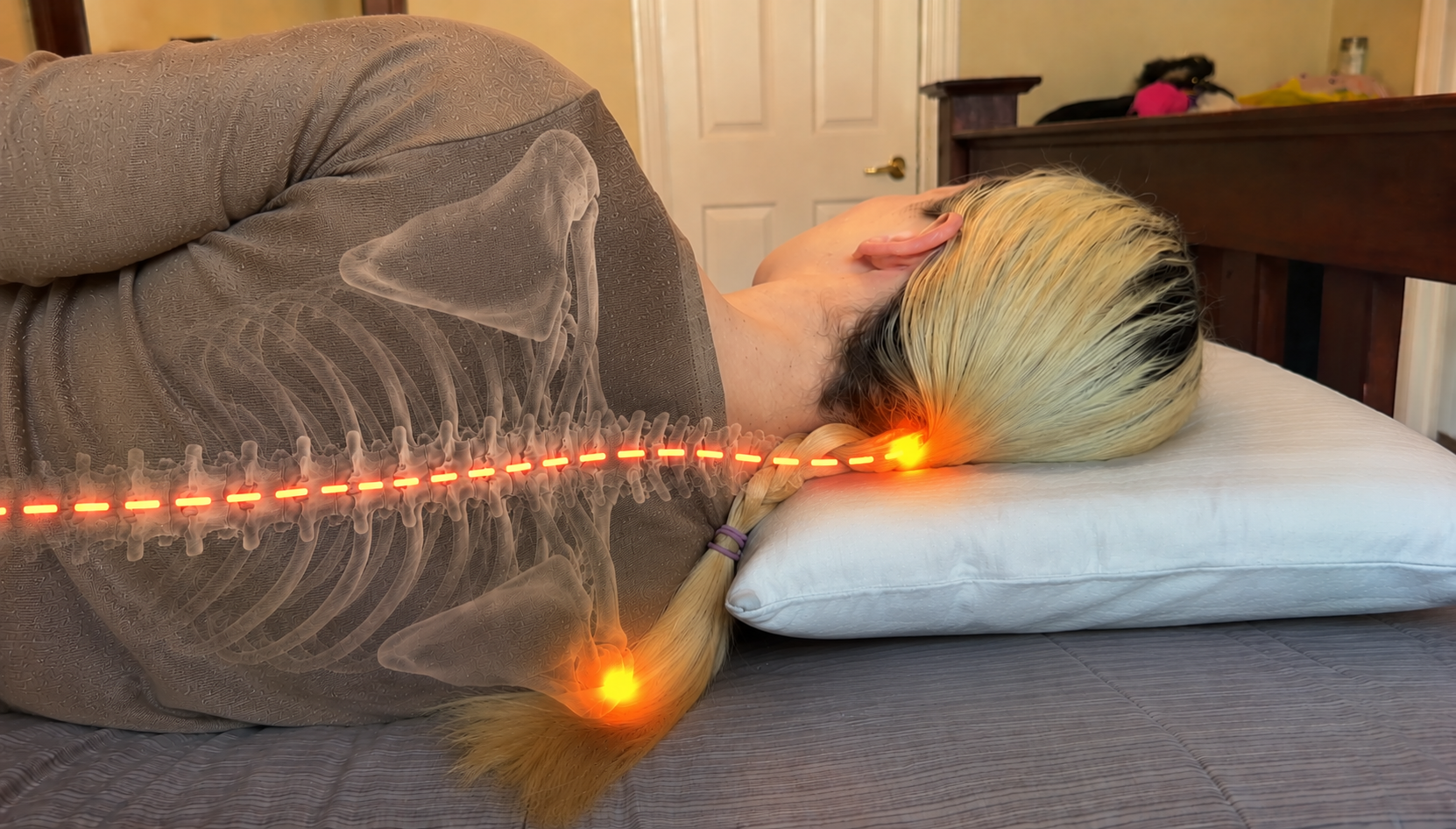 Spine and neck out of alignment on a regular flat pillow, pressure points highlighted in red
