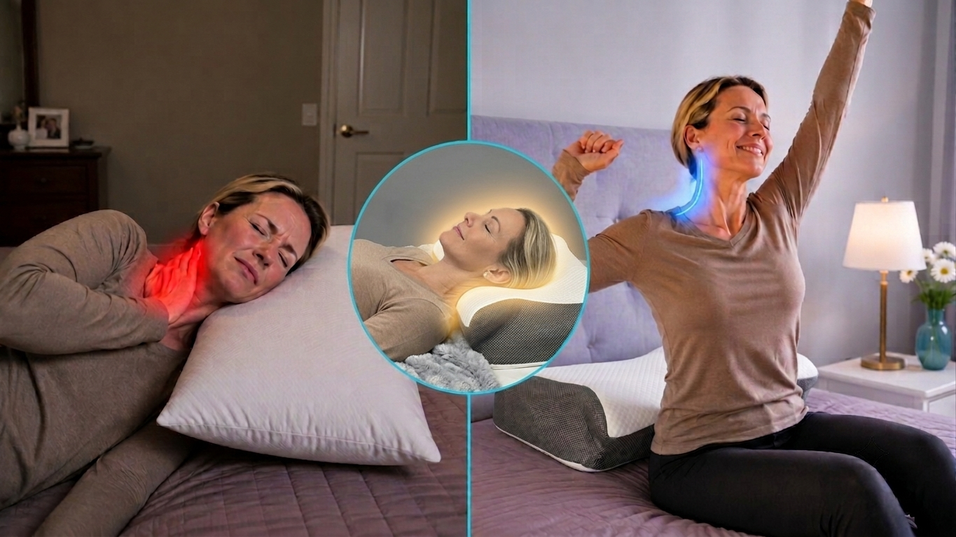 Woman waking up with neck pain caused by an unsupportive pillow