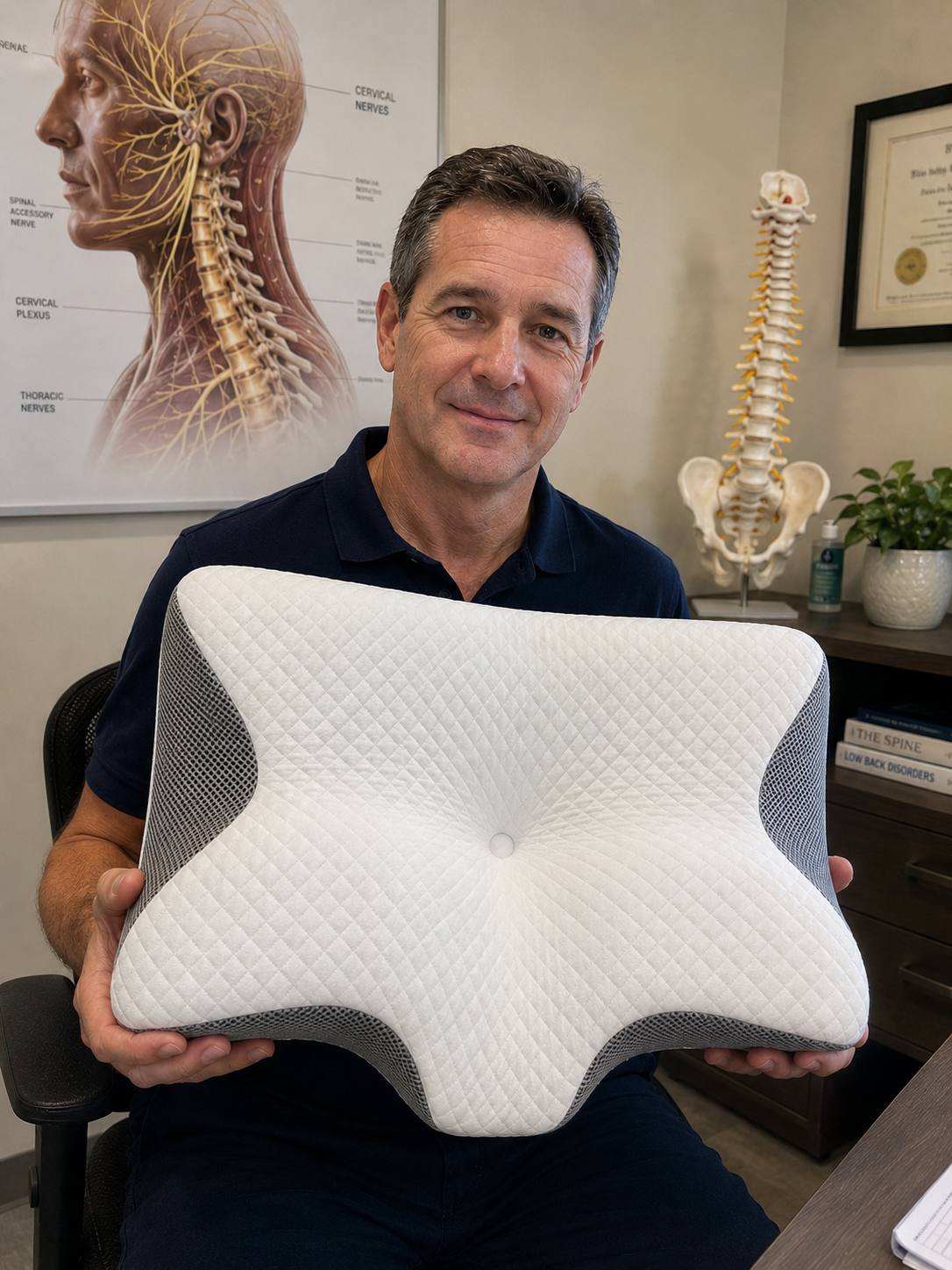Physiotherapist Dr Luke Gregory holding the Calmie Contour Relief Pillow in his clinic